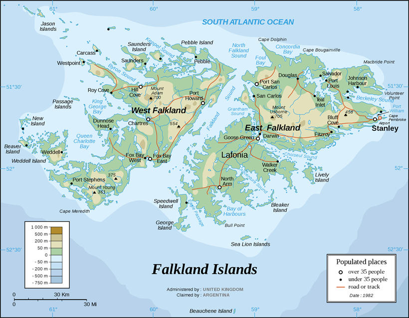 马尔维纳斯群岛(福克兰群岛)地图1982年耳阿根廷和英国在此爆发了马岛